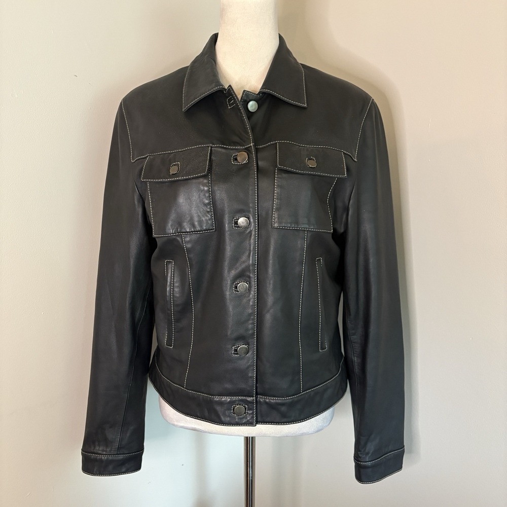 Peter Millar Womens Black Designer 100% Soft Leather Button Lined Jacket Large